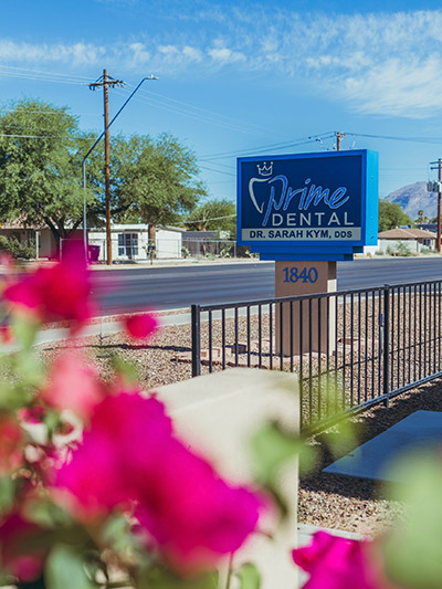 beautiful flowers in front of the Prime Dental building in Tucson, AZ